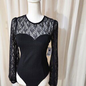 NWT- Black Lace-Trimmed Bodysuit